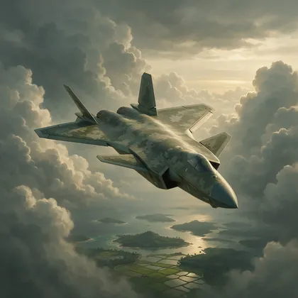 Un caza furtivo J-20A entre nubes sobre el mar