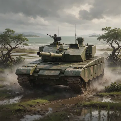 Un blindado Type 99A sale del agua en una costa tropical