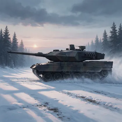 Un blindado Leopard 2A8 avanza levantando nieve