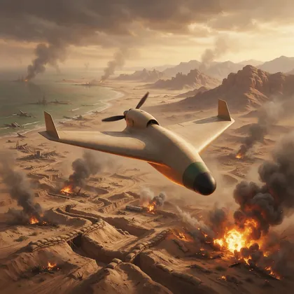Un dron Shahed-136 sobrevuela un desierto en llamas