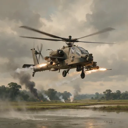 Un helicóptero AH-64E Apache dispara cohetes en vuelo rasante
